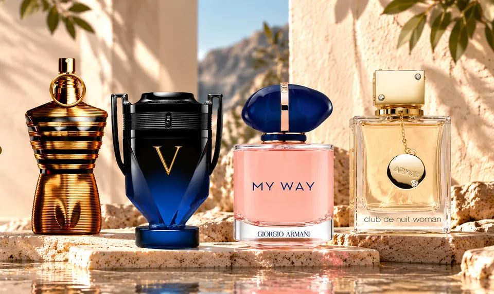 Selección de perfumes VIEI sobre piedra a la luz del sol